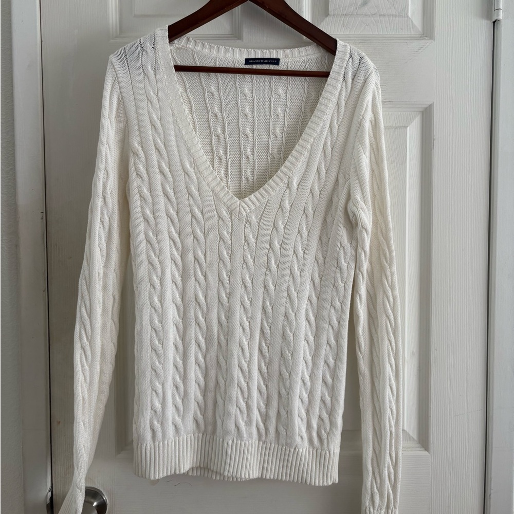 Brandy Melville Cream V-Neck Cable Knit Sweater